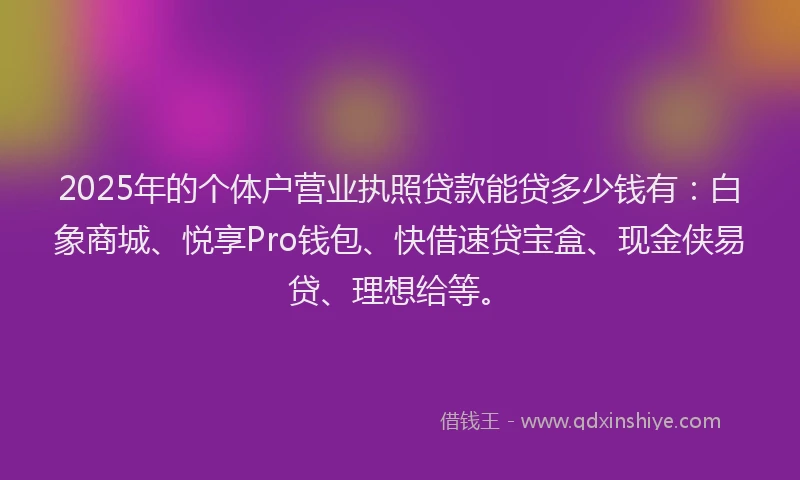 2025年的个体户营业执照贷款能贷多少钱有：白象商城、悦享Pro钱包、快借速贷宝盒、现金侠易贷、理想给等。