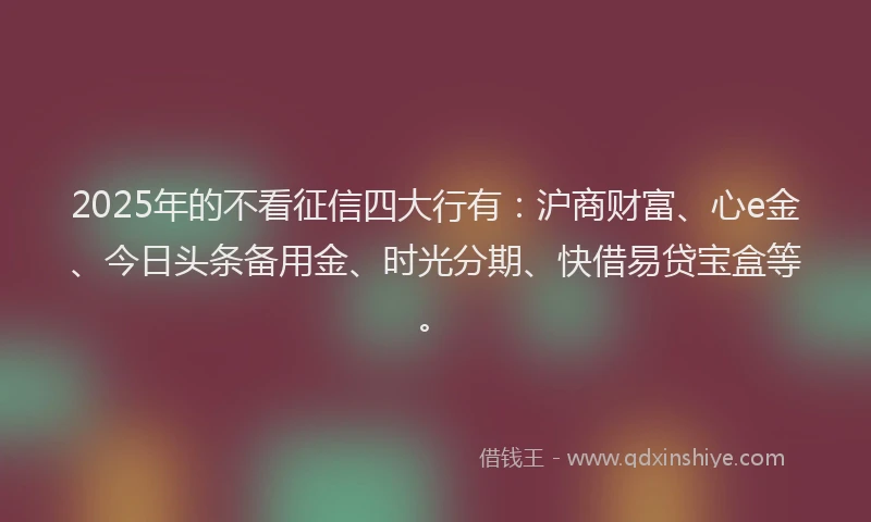 2025年的不看征信四大行有：沪商财富、心e金、今日头条备用金、时光分期、快借易贷宝盒等。