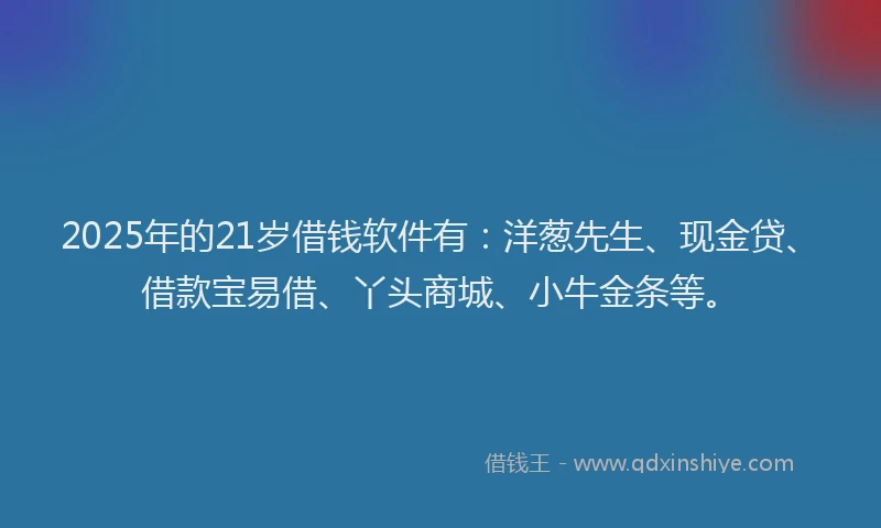 2025年的21岁借钱软件有：洋葱先生、现金贷、借款宝易借、丫头商城、小牛金条等。