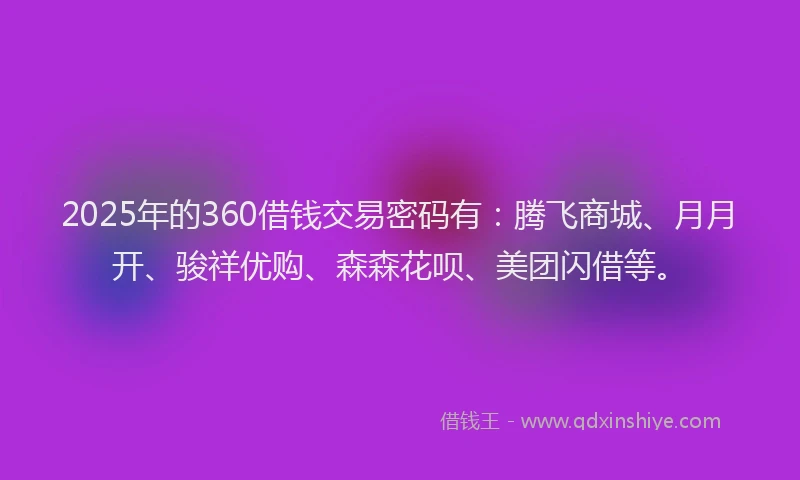 2025年的360借钱交易密码有：腾飞商城、月月开、骏祥优购、森森花呗、美团闪借等。