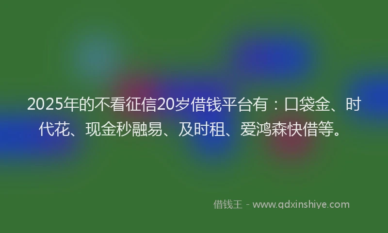 2025年的不看征信20岁借钱平台有：口袋金、时代花、现金秒融易、及时租、爱鸿森快借等。