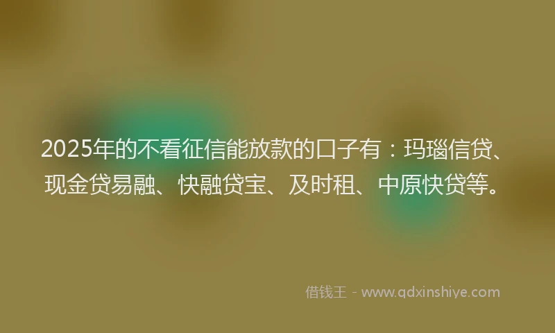 2025年的不看征信能放款的口子有：玛瑙信贷、现金贷易融、快融贷宝、及时租、中原快贷等。