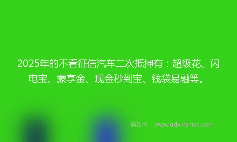 2025年的不看征信汽车二次抵押有：超级花、闪电宝、蒙享金、现金秒到宝、钱袋易融等。