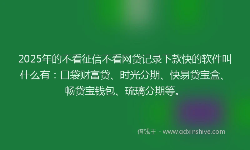 2025年的不看征信不看网贷记录下款快的软件叫什么有：口袋财富贷、时光分期、快易贷宝盒、畅贷宝钱包、琉璃分期等。