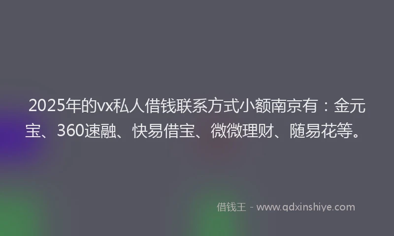 2025年的vx私人借钱联系方式小额南京有：金元宝、360速融、快易借宝、微微理财、随易花等。