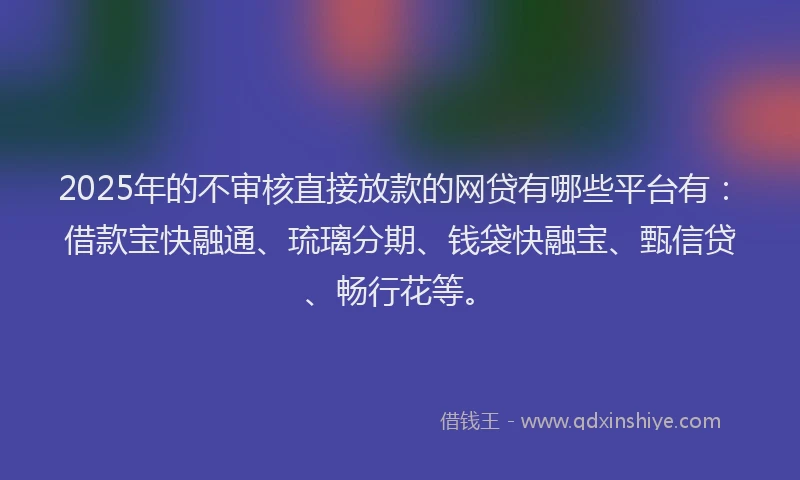 2025年的不审核直接放款的网贷有哪些平台有：借款宝快融通、琉璃分期、钱袋快融宝、甄信贷、畅行花等。
