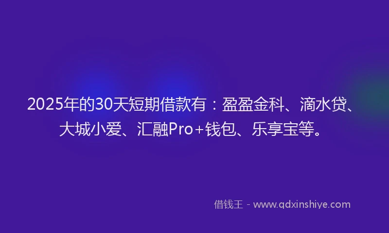 2025年的30天短期借款有：盈盈金科、滴水贷、大城小爱、汇融Pro+钱包、乐享宝等。