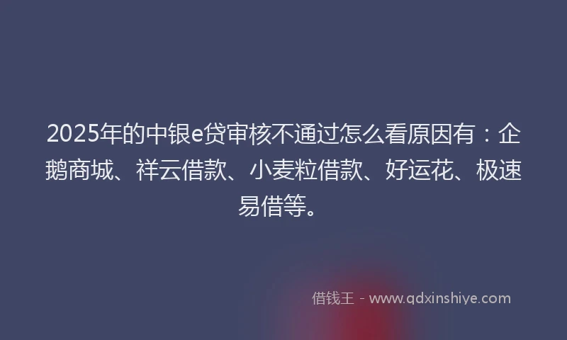 2025年的中银e贷审核不通过怎么看原因有：企鹅商城、祥云借款、小麦粒借款、好运花、极速易借等。