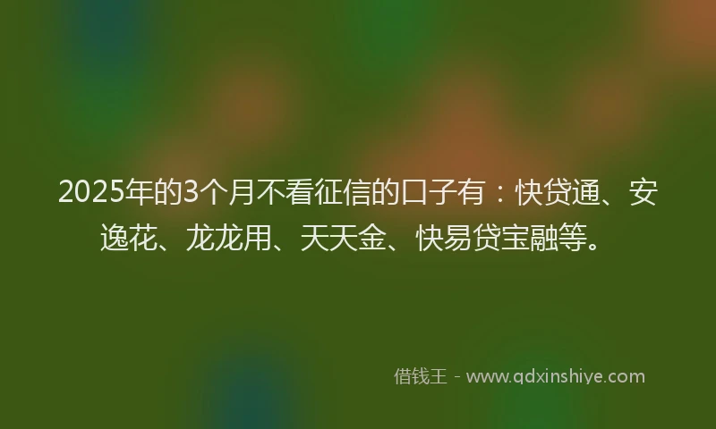2025年的3个月不看征信的口子有：快贷通、安逸花、龙龙用、天天金、快易贷宝融等。