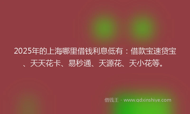 2025年的上海哪里借钱利息低有：借款宝速贷宝、天天花卡、易秒通、天源花、天小花等。