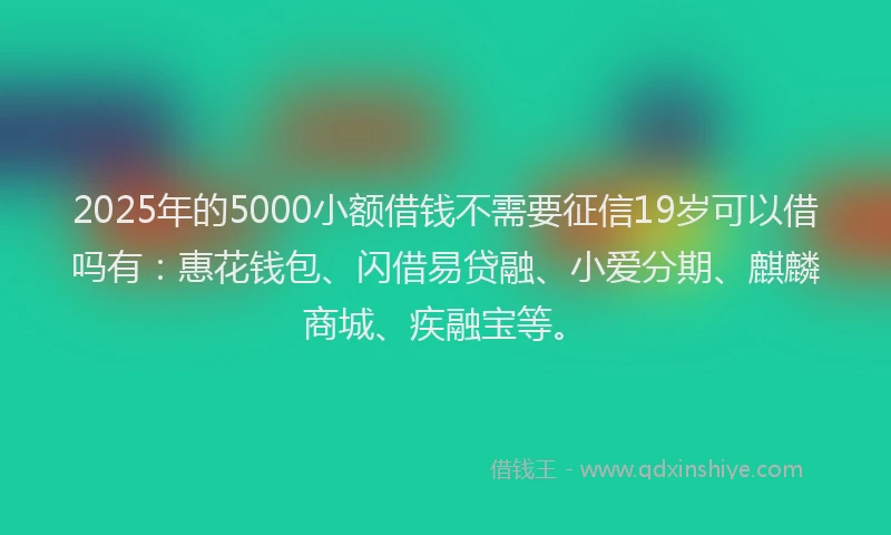 2025年的5000小额借钱不需要征信19岁可以借吗有：惠花钱包、闪借易贷融、小爱分期、麒麟商城、疾融宝等。
