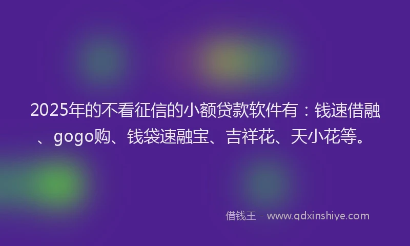2025年的不看征信的小额贷款软件有：钱速借融、gogo购、钱袋速融宝、吉祥花、天小花等。