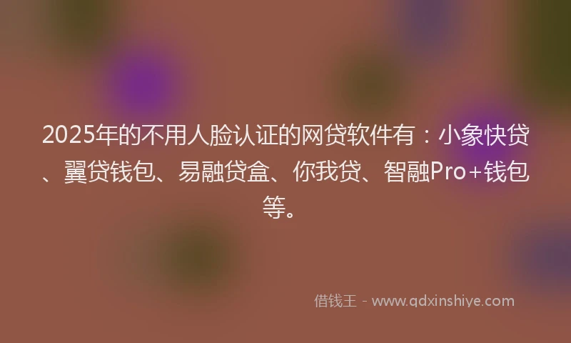 2025年的不用人脸认证的网贷软件有：小象快贷、翼贷钱包、易融贷盒、你我贷、智融Pro+钱包等。