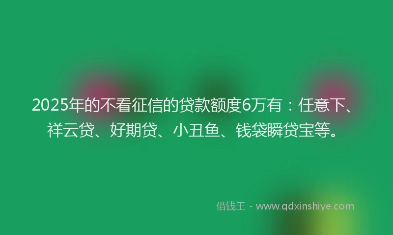 2025年的不看征信的贷款额度6万有：任意下、祥云贷、好期贷、小丑鱼、钱袋瞬贷宝等。