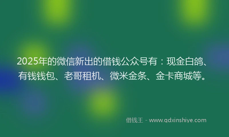 2025年的微信新出的借钱公众号有：现金白鸽、有钱钱包、老哥租机、微米金条、金卡商城等。