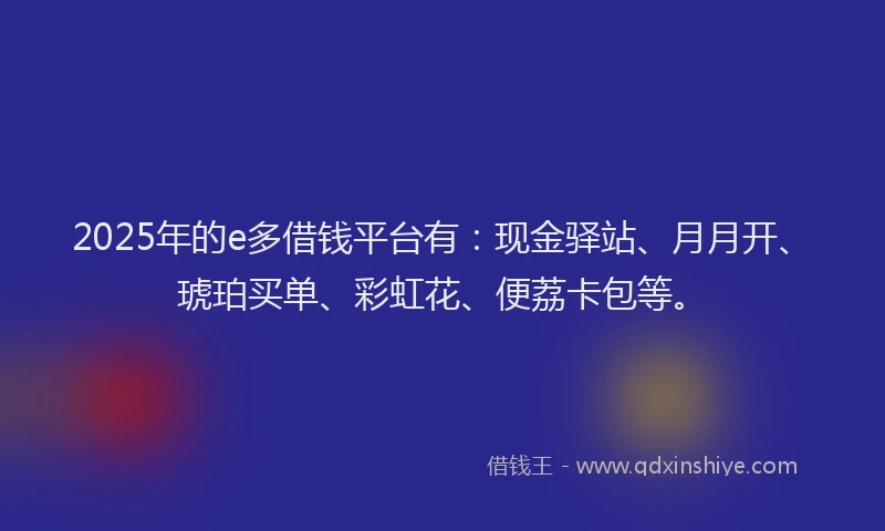 2025年的e多借钱平台有：现金驿站、月月开、琥珀买单、彩虹花、便荔卡包等。