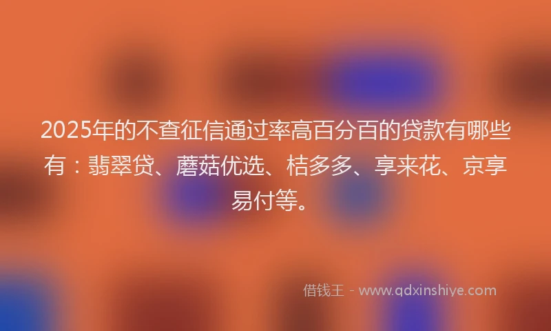 2025年的不查征信通过率高百分百的贷款有哪些有：翡翠贷、蘑菇优选、桔多多、享来花、京享易付等。