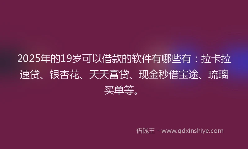 2025年的19岁可以借款的软件有哪些有：拉卡拉速贷、银杏花、天天富贷、现金秒借宝途、琉璃买单等。
