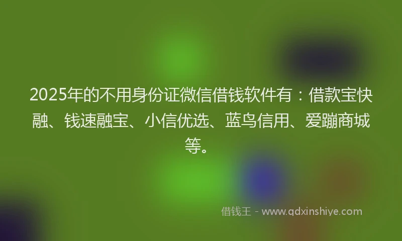 2025年的不用身份证微信借钱软件有：借款宝快融、钱速融宝、小信优选、蓝鸟信用、爱蹦商城等。