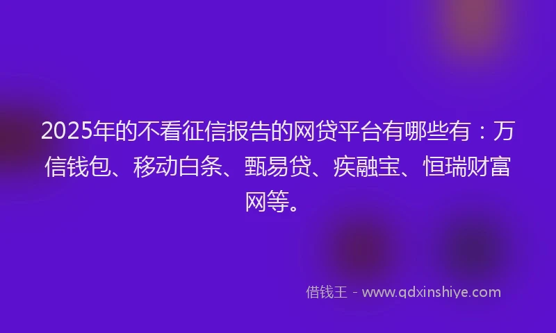 2025年的不看征信报告的网贷平台有哪些有：万信钱包、移动白条、甄易贷、疾融宝、恒瑞财富网等。