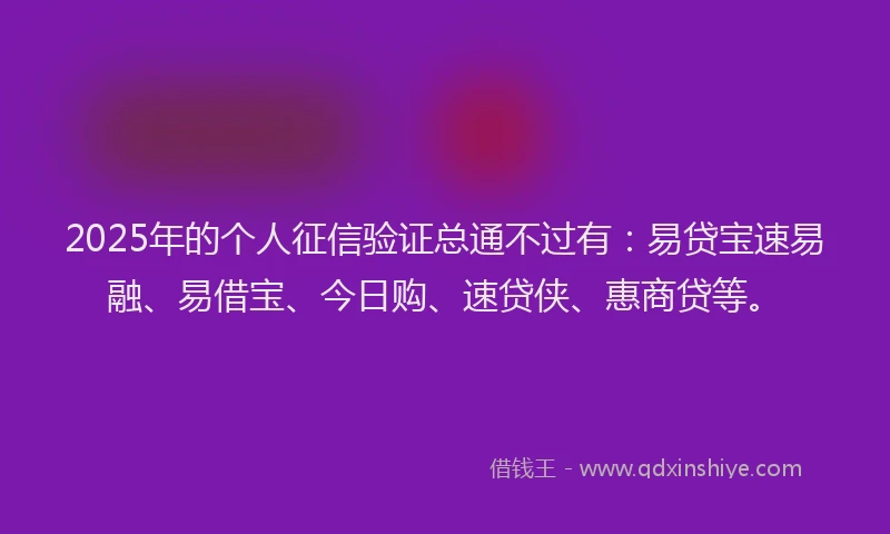 2025年的个人征信验证总通不过有：易贷宝速易融、易借宝、今日购、速贷侠、惠商贷等。