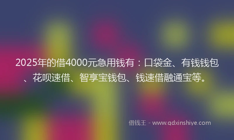 2025年的借4000元急用钱有：口袋金、有钱钱包、花呗速借、智享宝钱包、钱速借融通宝等。