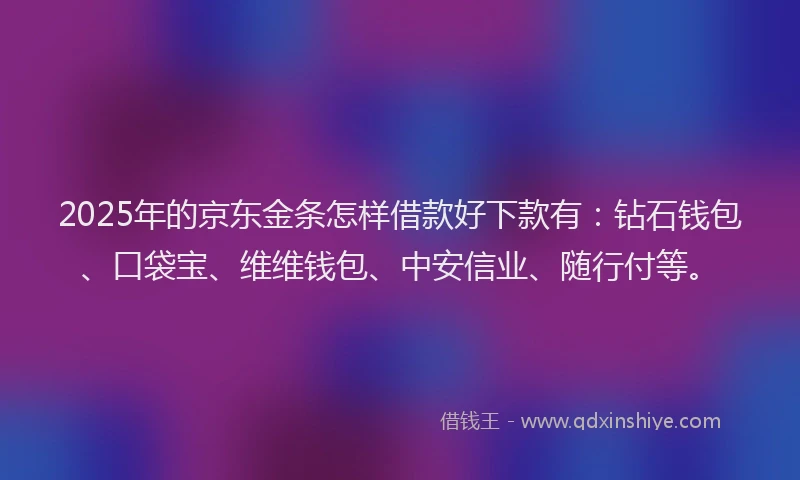 2025年的京东金条怎样借款好下款有：钻石钱包、口袋宝、维维钱包、中安信业、随行付等。