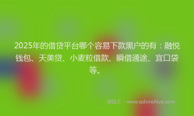 2025年的借贷平台哪个容易下款黑户的有：融悦钱包、天美贷、小麦粒借款、瞬借通途、宜口袋等。