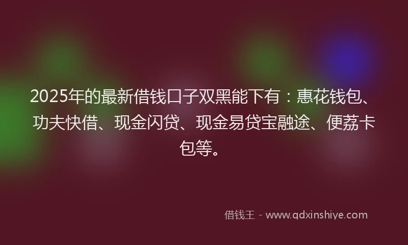 2025年的最新借钱口子双黑能下有：惠花钱包、功夫快借、现金闪贷、现金易贷宝融途、便荔卡包等。