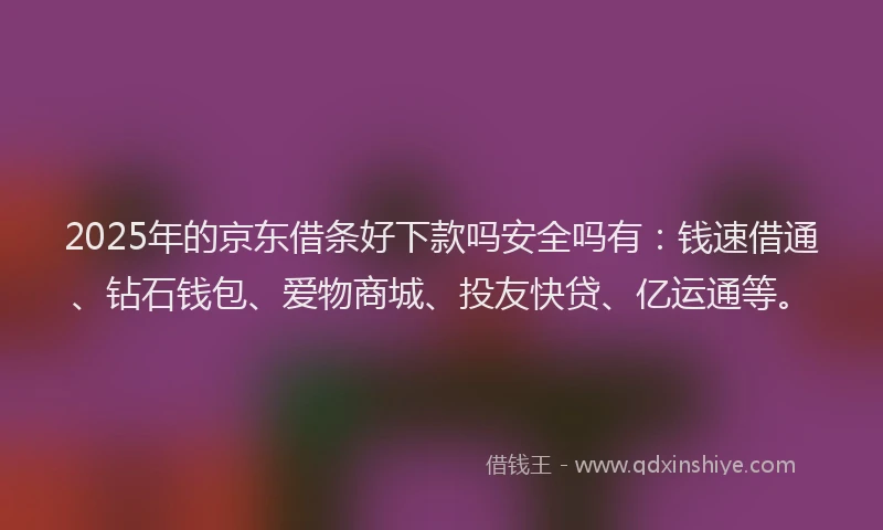 2025年的京东借条好下款吗安全吗有：钱速借通、钻石钱包、爱物商城、投友快贷、亿运通等。