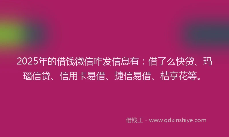 2025年的借钱微信咋发信息有：借了么快贷、玛瑙信贷、信用卡易借、捷信易借、桔享花等。