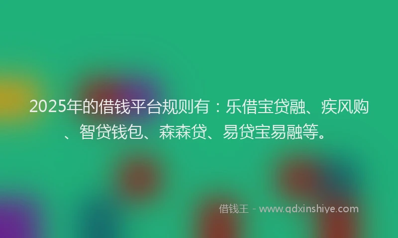 2025年的借钱平台规则有：乐借宝贷融、疾风购、智贷钱包、森森贷、易贷宝易融等。