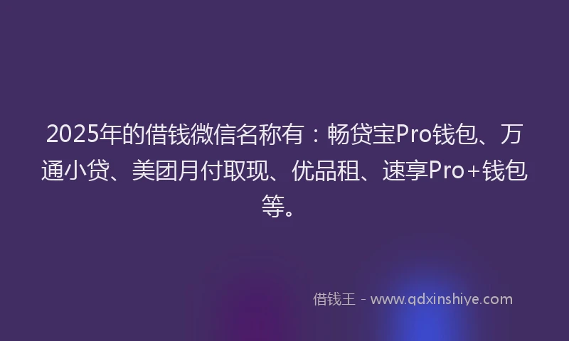 2025年的借钱微信名称有：畅贷宝Pro钱包、万通小贷、美团月付取现、优品租、速享Pro+钱包等。