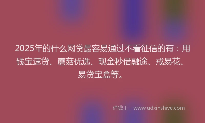 2025年的什么网贷最容易通过不看征信的有：用钱宝速贷、蘑菇优选、现金秒借融途、戒易花、易贷宝盒等。