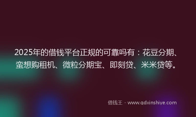 2025年的借钱平台正规的可靠吗有：花豆分期、蛮想购租机、微粒分期宝、即刻贷、米米贷等。