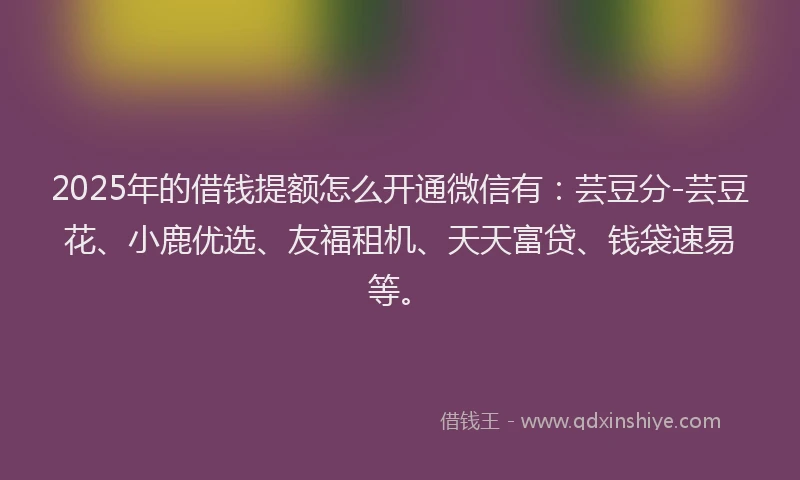 2025年的借钱提额怎么开通微信有：芸豆分-芸豆花、小鹿优选、友福租机、天天富贷、钱袋速易等。