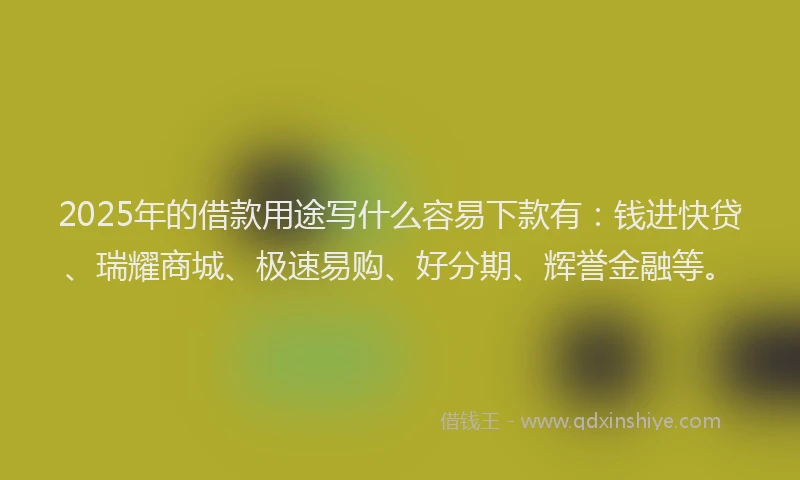 2025年的借款用途写什么容易下款有：钱进快贷、瑞耀商城、极速易购、好分期、辉誉金融等。