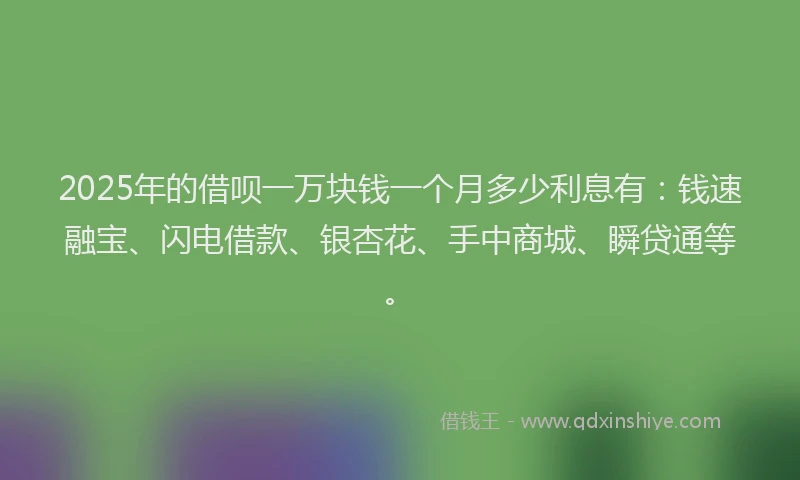 2025年的借呗一万块钱一个月多少利息有：钱速融宝、闪电借款、银杏花、手中商城、瞬贷通等。