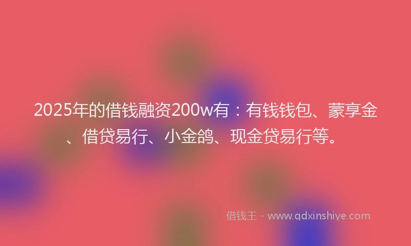 2025年的借钱融资200w有：有钱钱包、蒙享金、借贷易行、小金鸽、现金贷易行等。