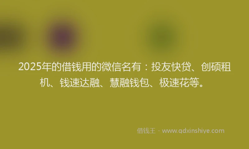 2025年的借钱用的微信名有：投友快贷、创硕租机、钱速达融、慧融钱包、极速花等。