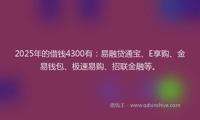2025年的借钱4300有：易融贷通宝、E享购、金易钱包、极速易购、招联金融等。