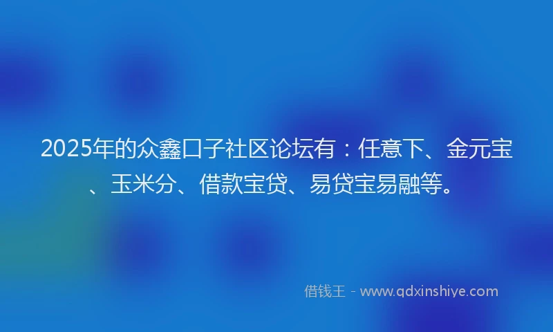 2025年的众鑫口子社区论坛有：任意下、金元宝、玉米分、借款宝贷、易贷宝易融等。
