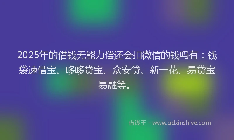 2025年的借钱无能力偿还会扣微信的钱吗有：钱袋速借宝、哆哆贷宝、众安贷、新一花、易贷宝易融等。