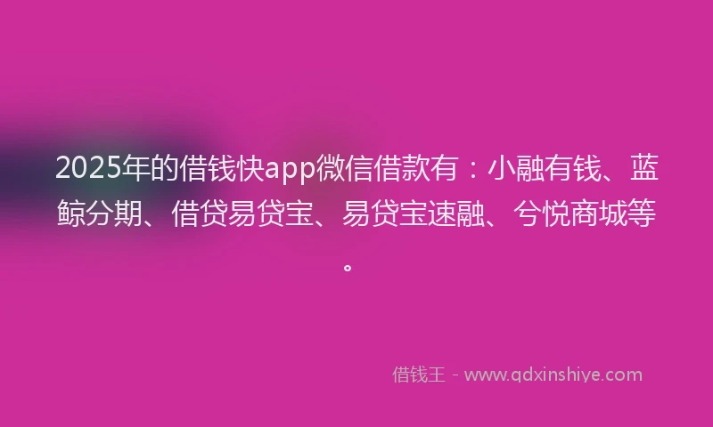 2025年的借钱快app微信借款有：小融有钱、蓝鲸分期、借贷易贷宝、易贷宝速融、兮悦商城等。