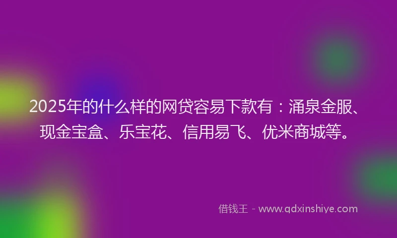 2025年的什么样的网贷容易下款有：涌泉金服、现金宝盒、乐宝花、信用易飞、优米商城等。