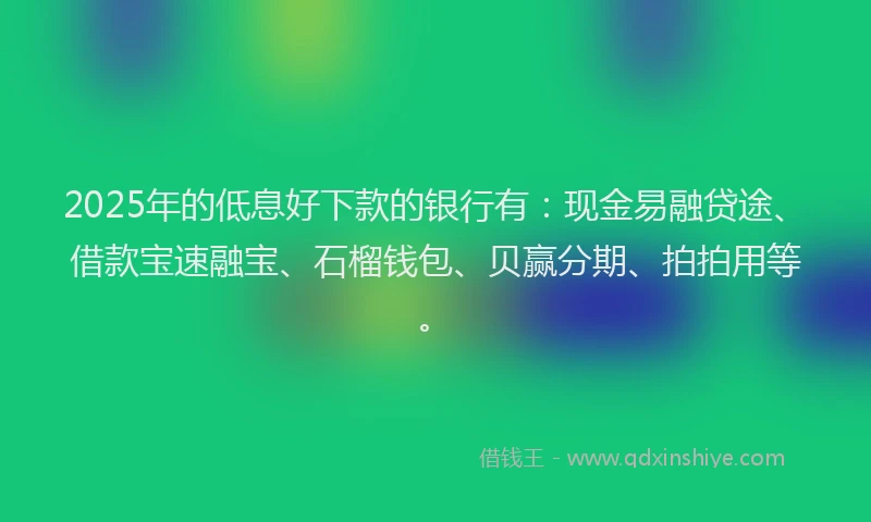 2025年的低息好下款的银行有：现金易融贷途、借款宝速融宝、石榴钱包、贝赢分期、拍拍用等。