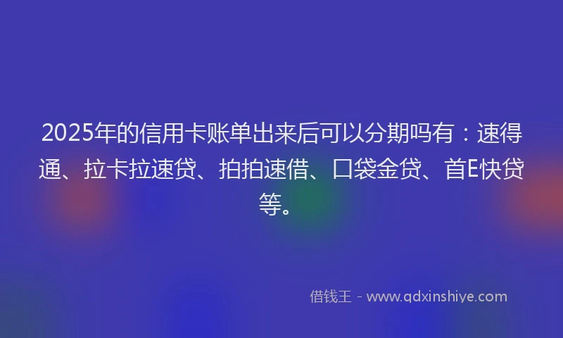 2025年的信用卡账单出来后可以分期吗有：速得通、拉卡拉速贷、拍拍速借、口袋金贷、首E快贷等。