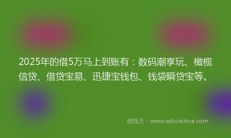 2025年的借5万马上到账有：数码潮享玩、橄榄信贷、借贷宝易、迅捷宝钱包、钱袋瞬贷宝等。