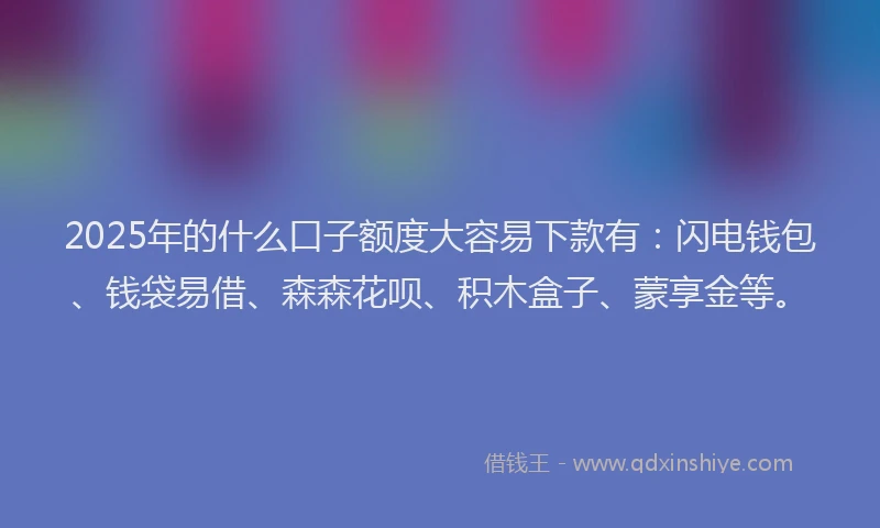 2025年的什么口子额度大容易下款有：闪电钱包、钱袋易借、森森花呗、积木盒子、蒙享金等。