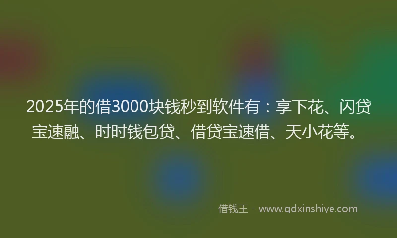 2025年的借3000块钱秒到软件有：享下花、闪贷宝速融、时时钱包贷、借贷宝速借、天小花等。
